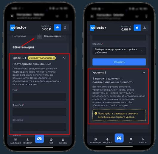 Верификация в Selector Casino